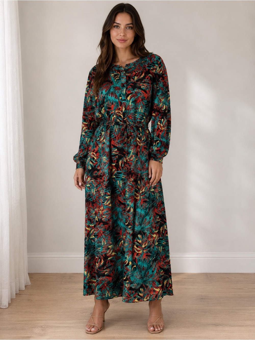 Long-Sleeve Floral Maxi Dress in Teal & Burgundy